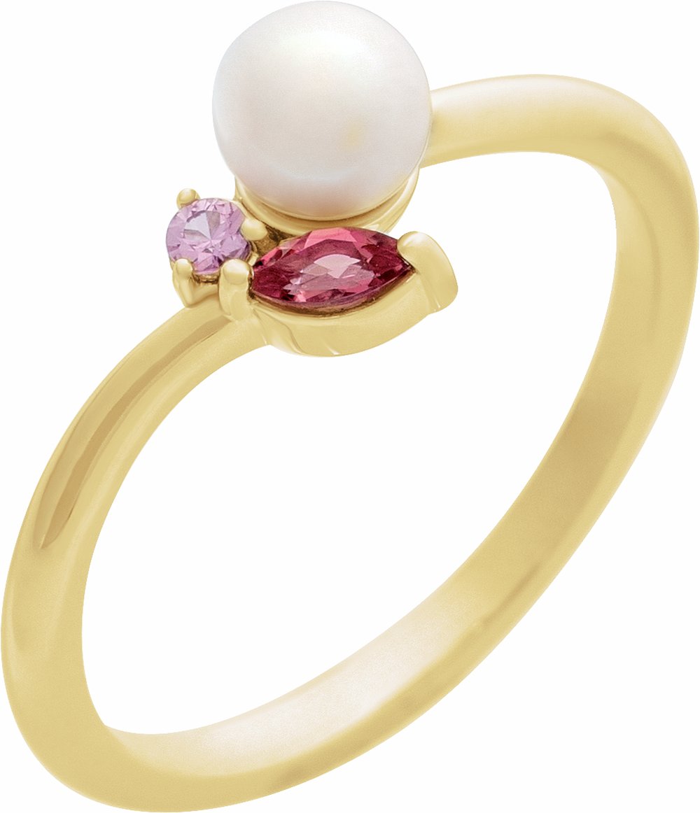 14K Yellow Gold Cultured White Akoya Pearl, Natural Pink Tourmaline & Natural Pink Sapphire Ring