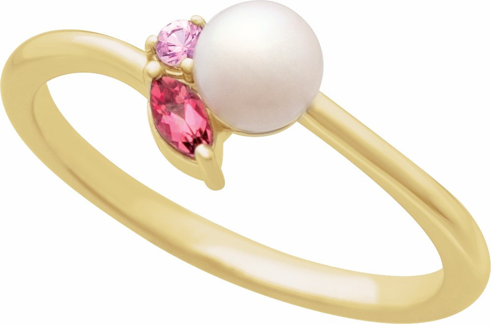 14K Yellow Gold Cultured White Akoya Pearl, Natural Pink Tourmaline & Natural Pink Sapphire Ring