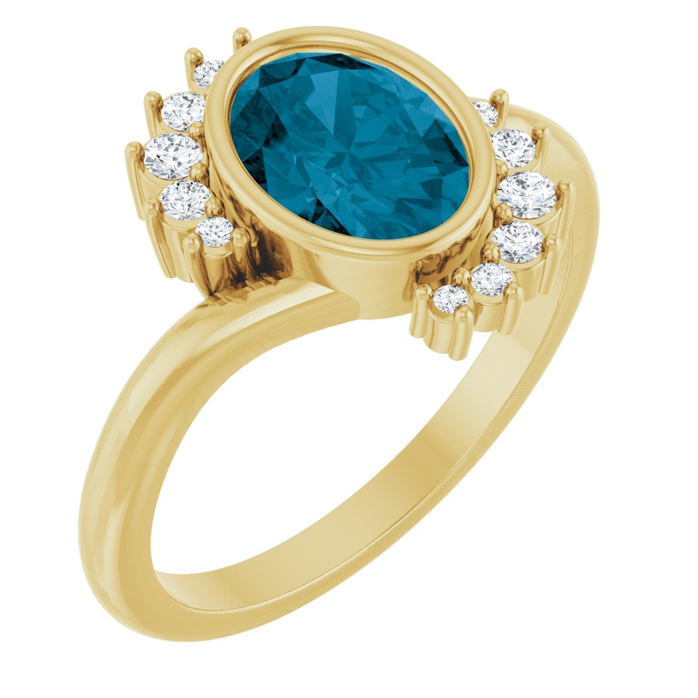 14K Yellow Gold Natural London Blue Topaz & 1/8 CTW Natural Diamond Ring