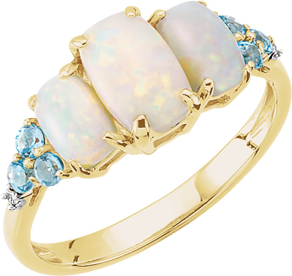 14K Yellow Natural Opal, Natural Swiss Blue Topaz & .012 CTW Natural Diamond Ring