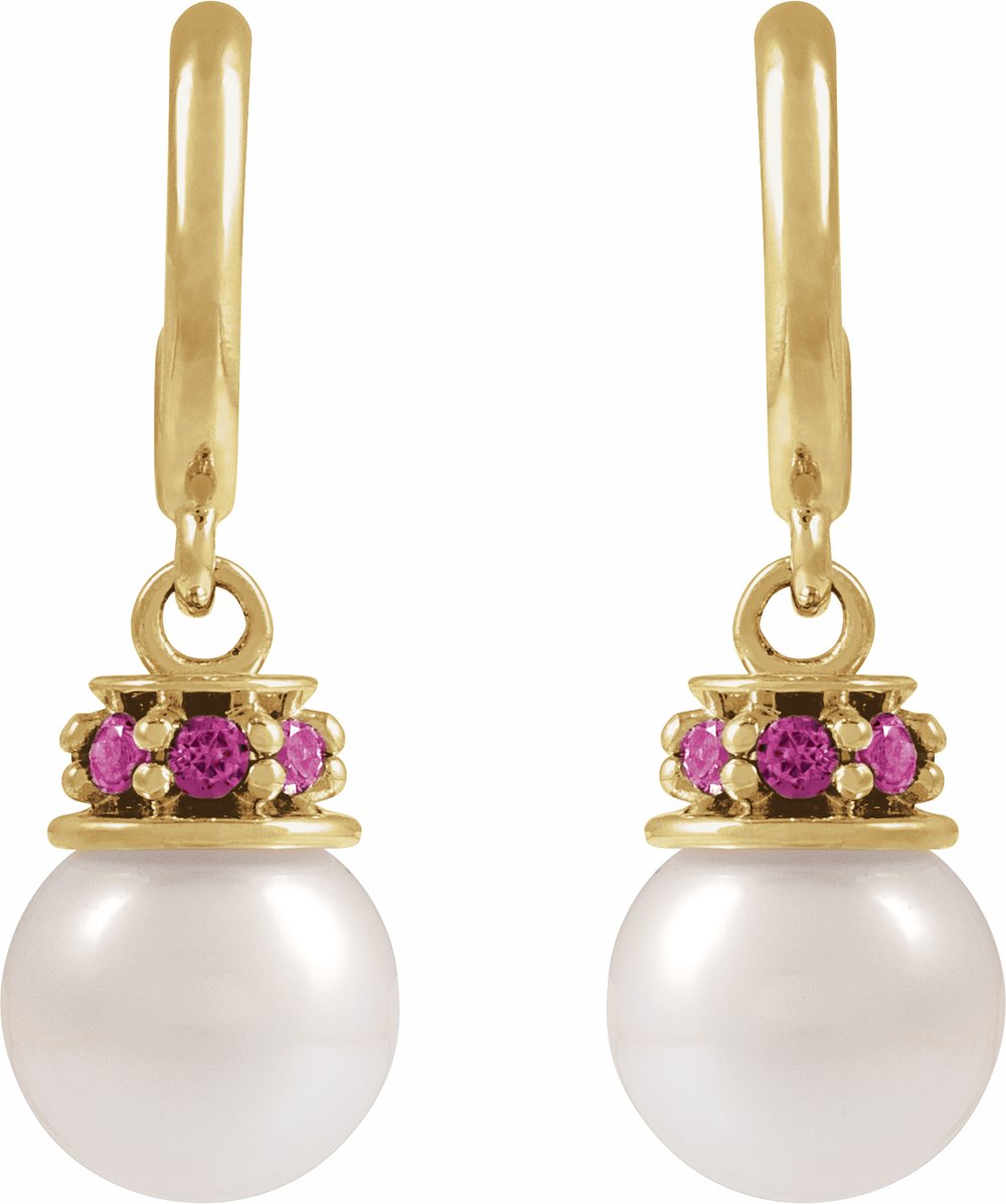 14K Yellow Cultured White Freshwater Pearl & Natural Pink Tourmaline Hoop Earrings