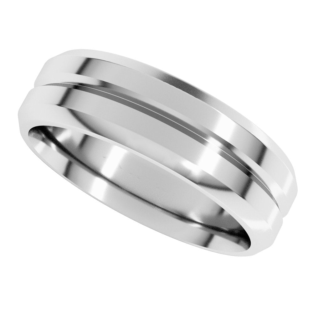 14K White Gold 6 mm Beveled-Edge Grooved Comfort-Fit Flat Band Size 7