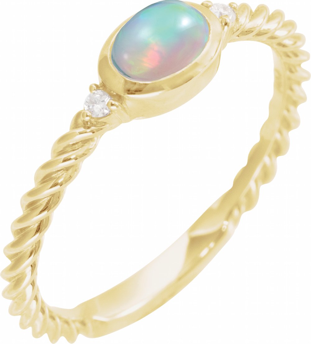 14K Yellow Gold Natural Ethiopian Opal & .03 CTW Natural Diamond Rope Ring