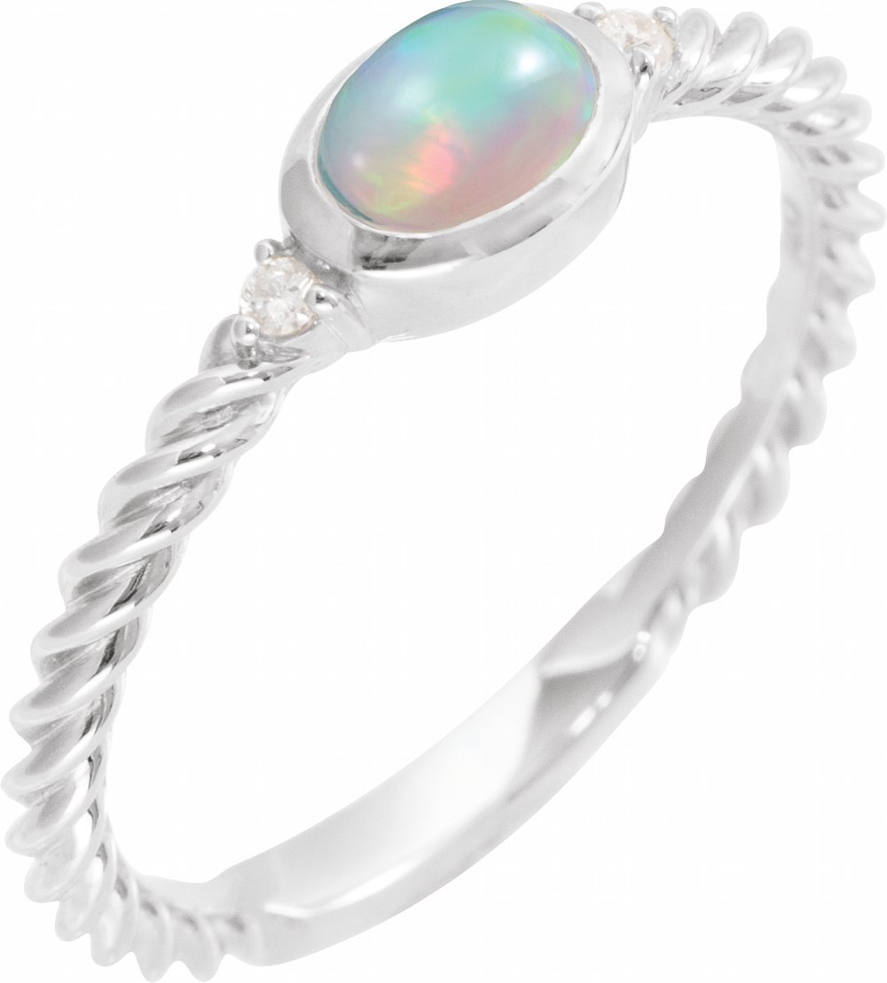 14K White Gold Natural Ethiopian Opal & .03 CTW Natural Diamond Rope Ring