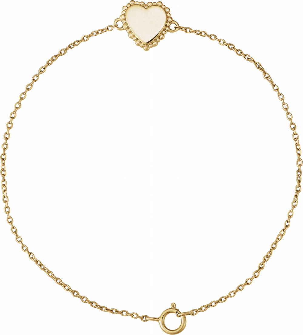 14K Yellow Gold Engravable Beaded Heart 7" Bracelet