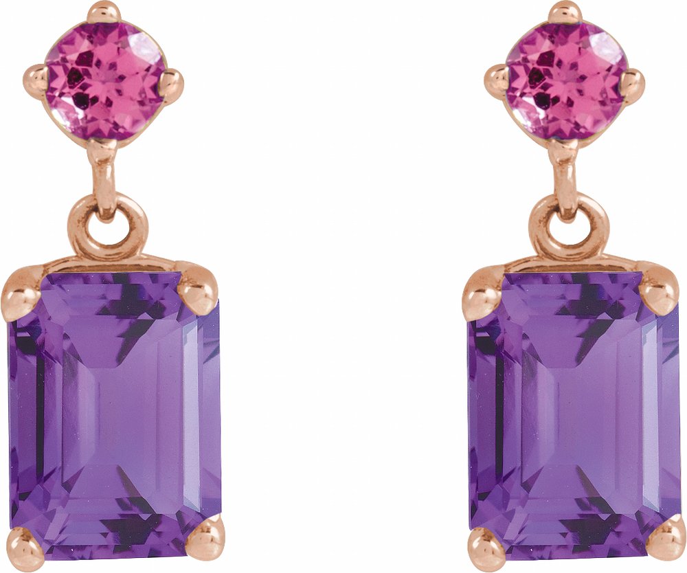 14K Rose Gold Natural Amethyst & Natural Pink Tourmaline Dangle Earrings
