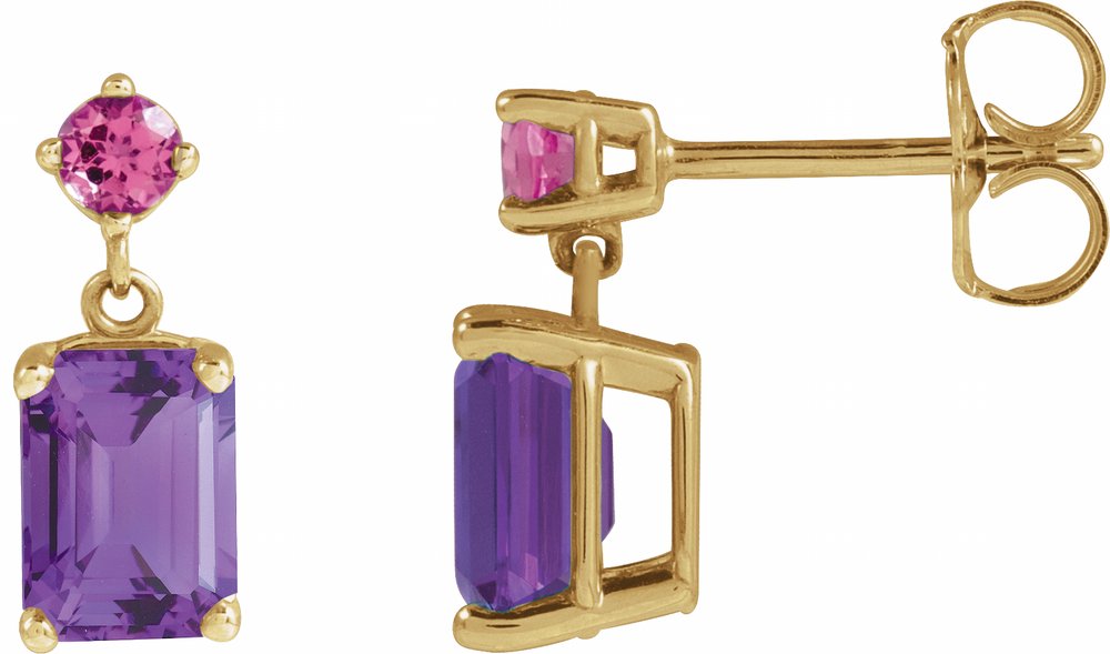 14K Yellow Gold Natural Amethyst & Natural Pink Tourmaline Dangle Earrings