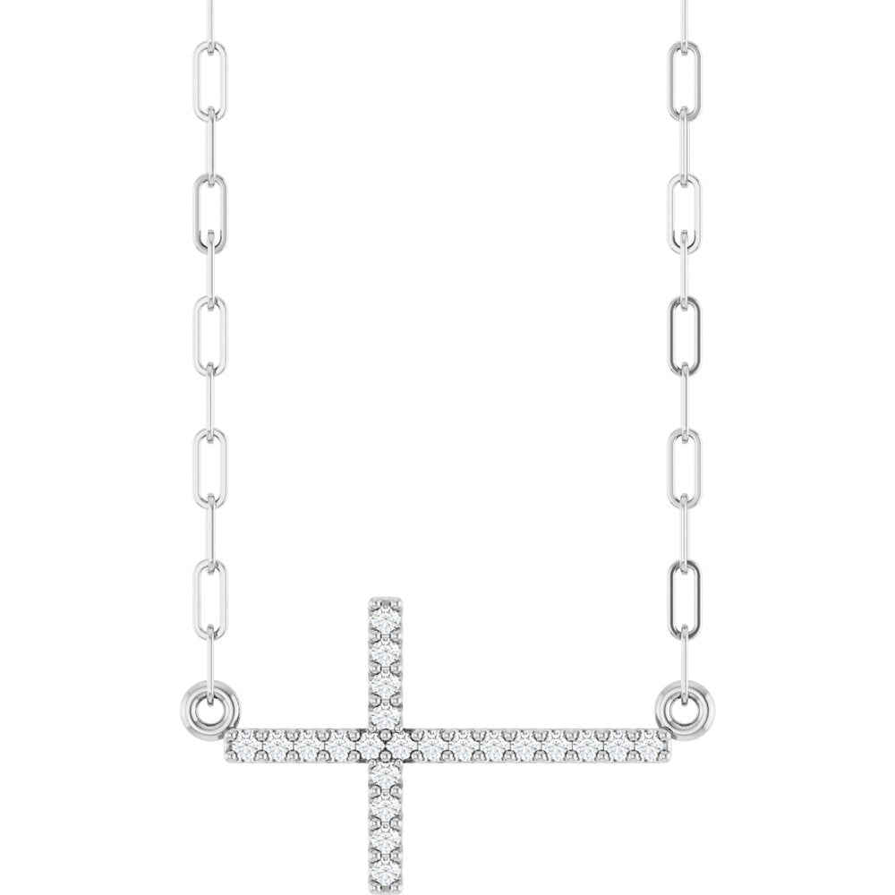 14K White .08 CTW Natural Diamond Sideways Cross 18" Necklace
