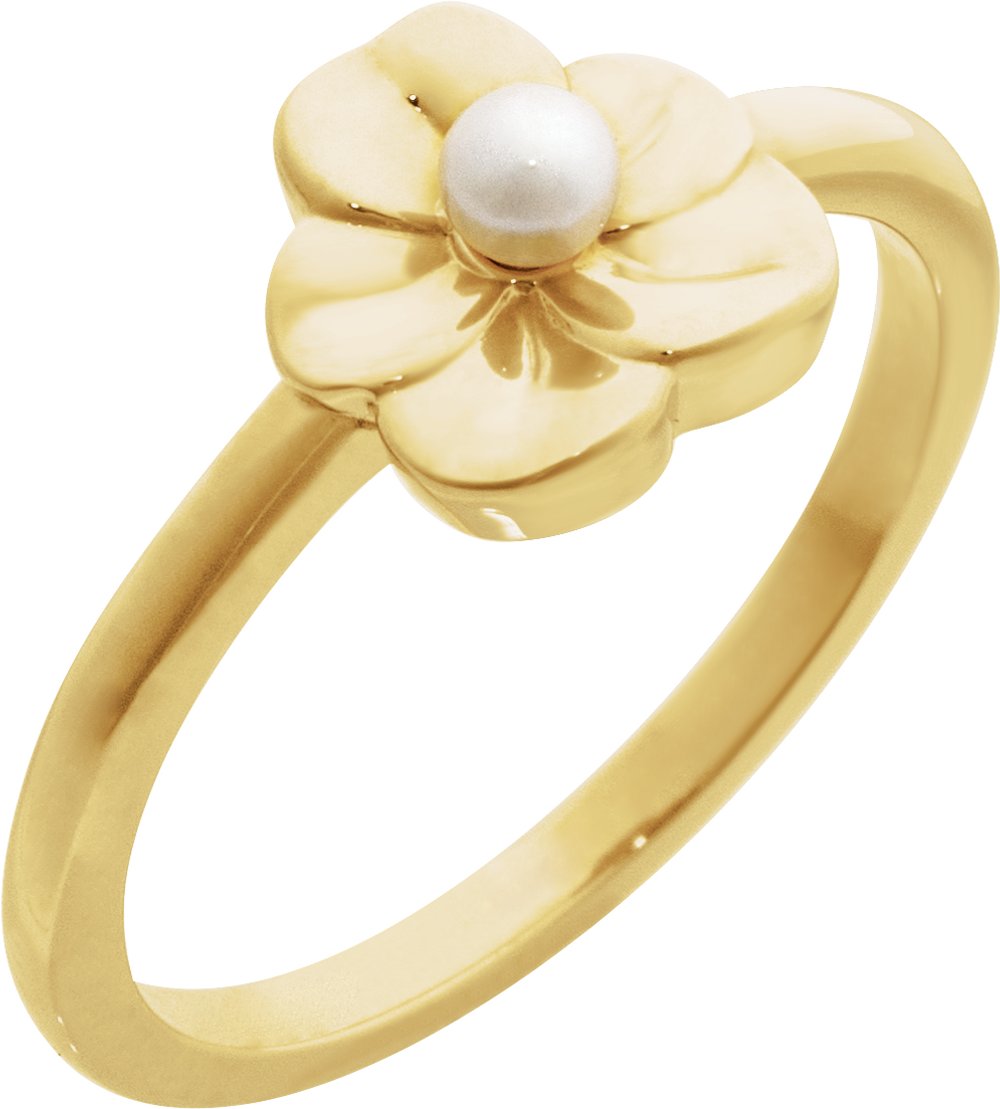 14K Yellow Gold Cultured White Seed Pearl Floral Ring