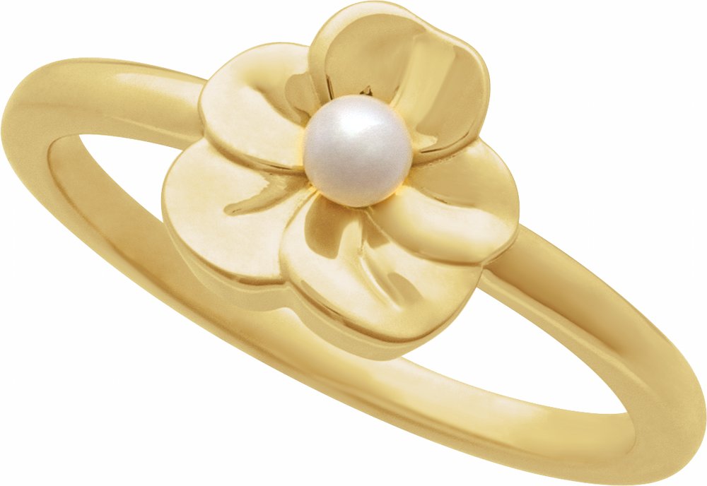 14K Yellow Gold Cultured White Seed Pearl Floral Ring
