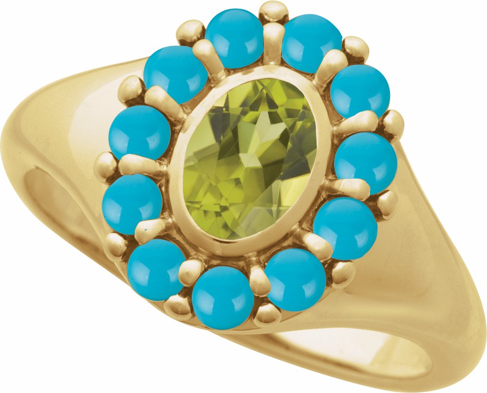 14K Yellow Gold Natural Peridot & Natural Turquoise Halo-Style Ring