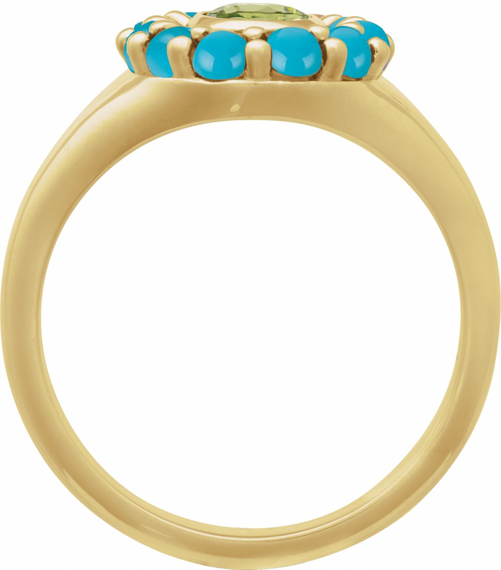 14K Yellow Gold Natural Peridot & Natural Turquoise Halo-Style Ring