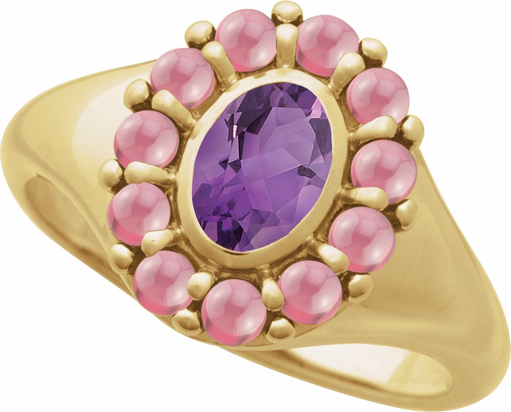 14K Yellow Gold Natural Amethyst & Natural Rhodolite Garnet Halo-Style Ring
