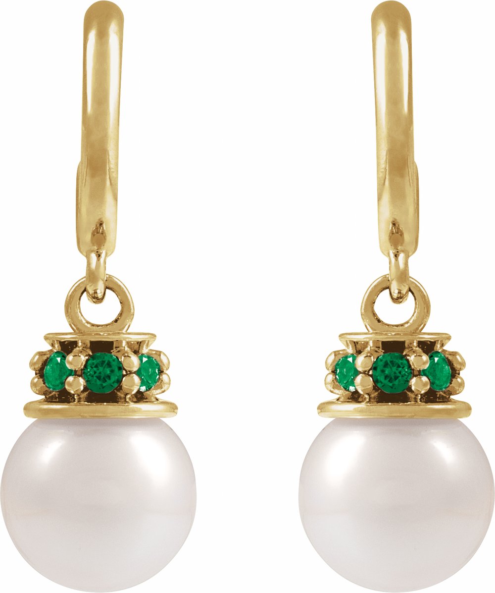 14K Yellow Cultured White Freshwater Pearl & Natural Tsavorite Garnet Hoop Earrings