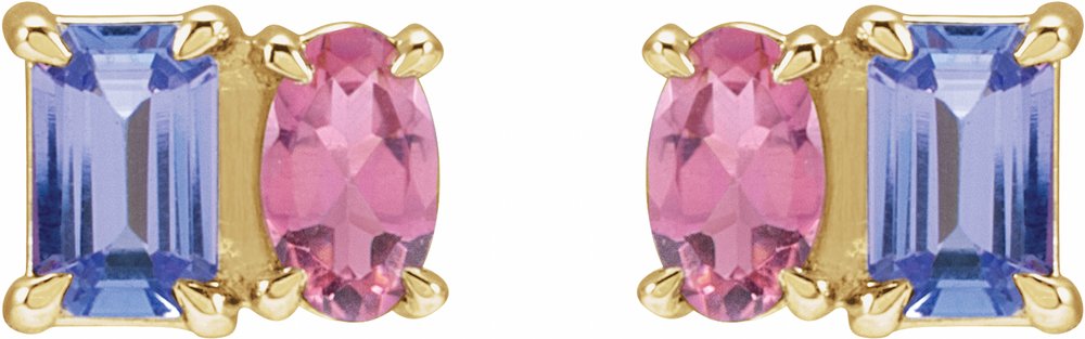14K Yellow Natural Tanzanite & Natural Pink Tourmaline Two-Stone Stud Earrings