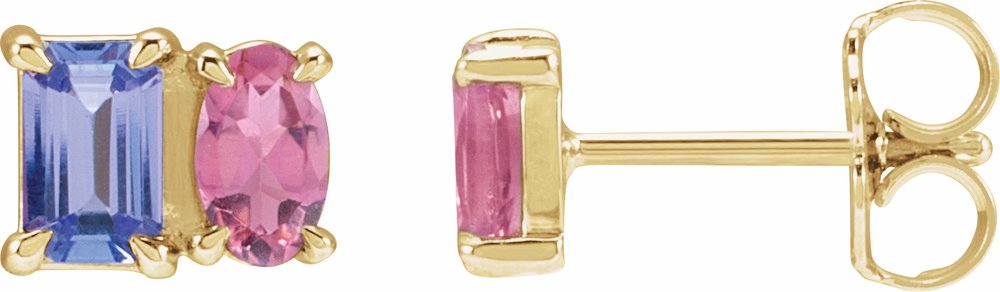 14K Yellow Gold Natural Tanzanite & Natural Pink Tourmaline Two-Stone Stud Earrings