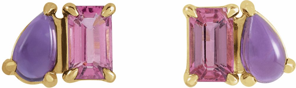 14K Yellow Gold Natural Pink Tourmaline & Natural Amethyst Two-Stone Stud Earrings