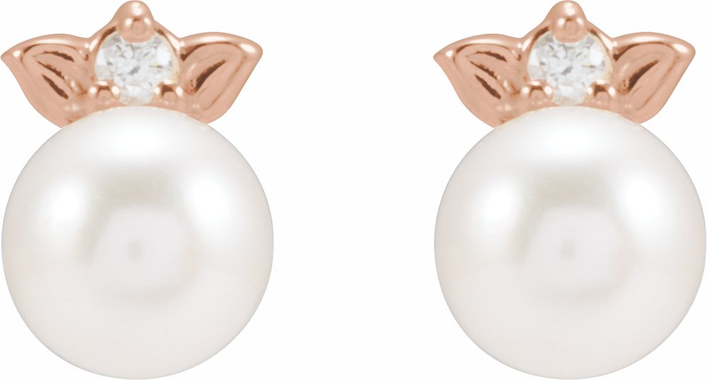 14K Rose Cultured Akoya Pearl & .03 CTW Natural Diamond Floral Earrings