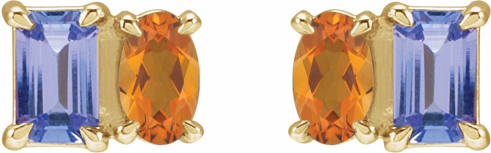14K Yellow Gold Natural Tanzanite & Natural Citrine Two-Stone Stud Earrings