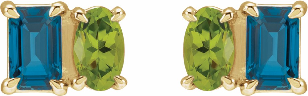 14K Yellow Natural London Blue Topaz & Natural Peridot Two-Stone Stud Earrings