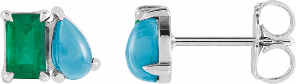 14K White Gold Lab-Grown Emerald & Natural Turquoise Two-Stone Stud Earrings