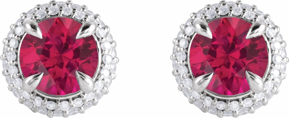 14K White Lab-Grown Ruby & 1/2 CTW Lab-Grown Diamond Halo-Style Earrings