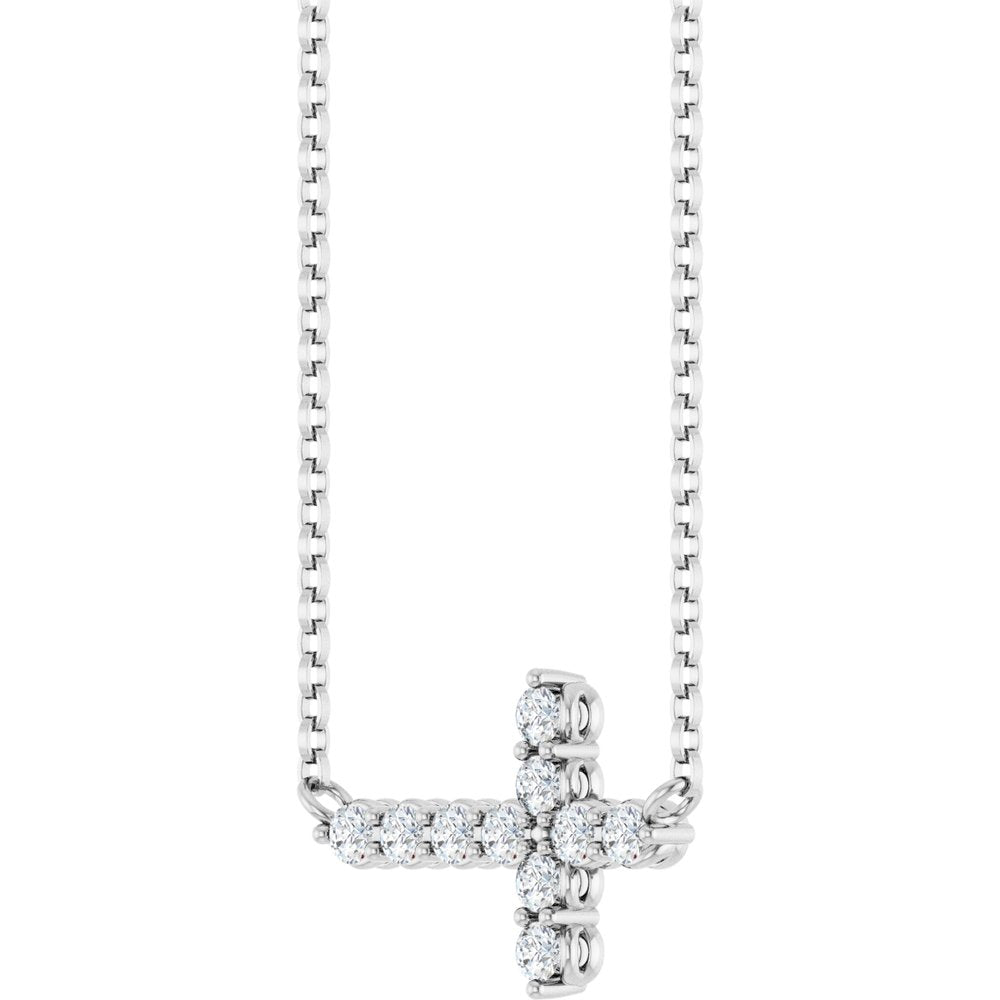 14K White 1/3 CTW Lab-Grown Diamond Sideways Cross 18" Necklace