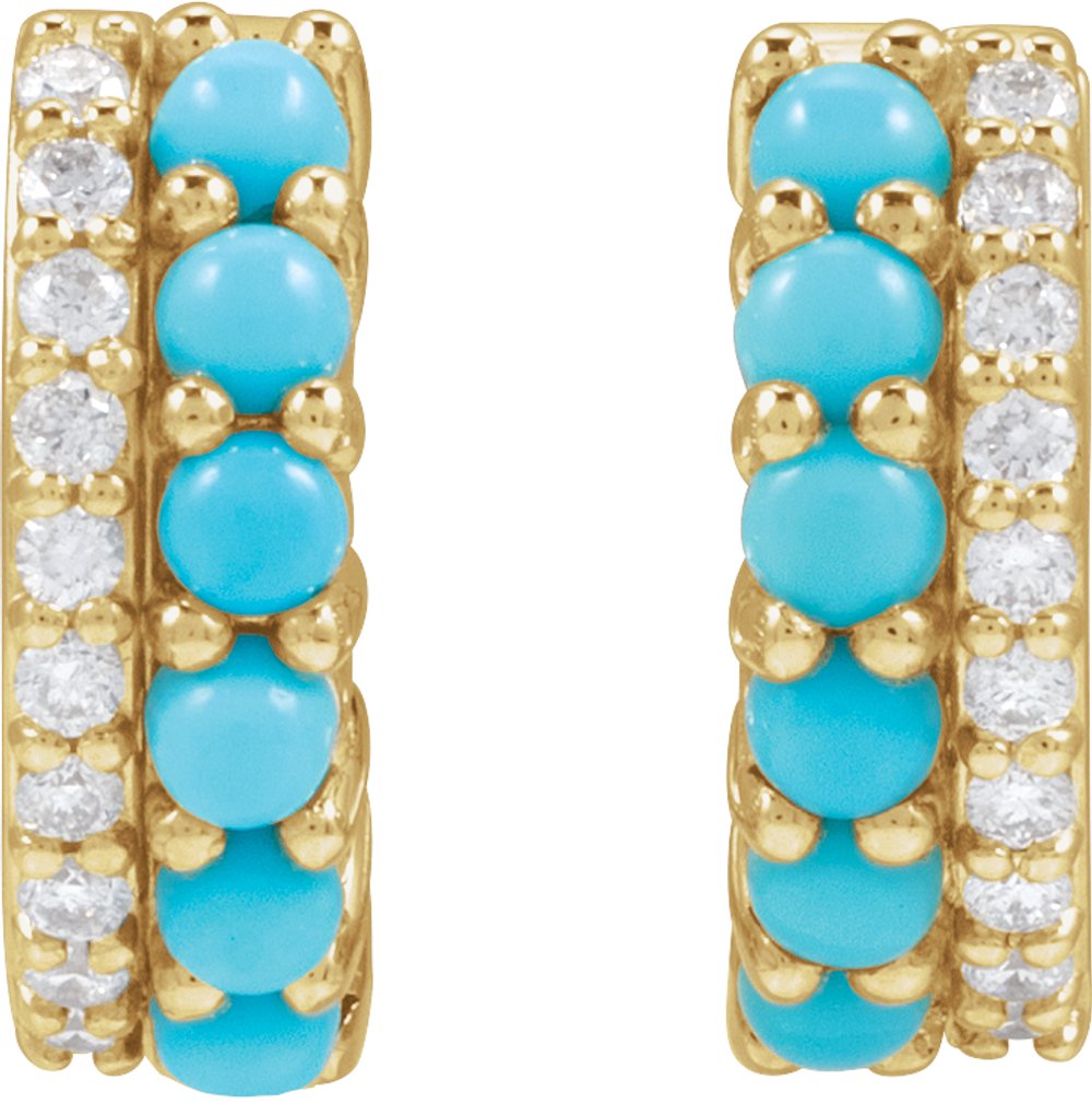 14K Yellow Gold Natural Turquoise & 1/8 CTW Natural Diamond Huggie Hoop Earrings