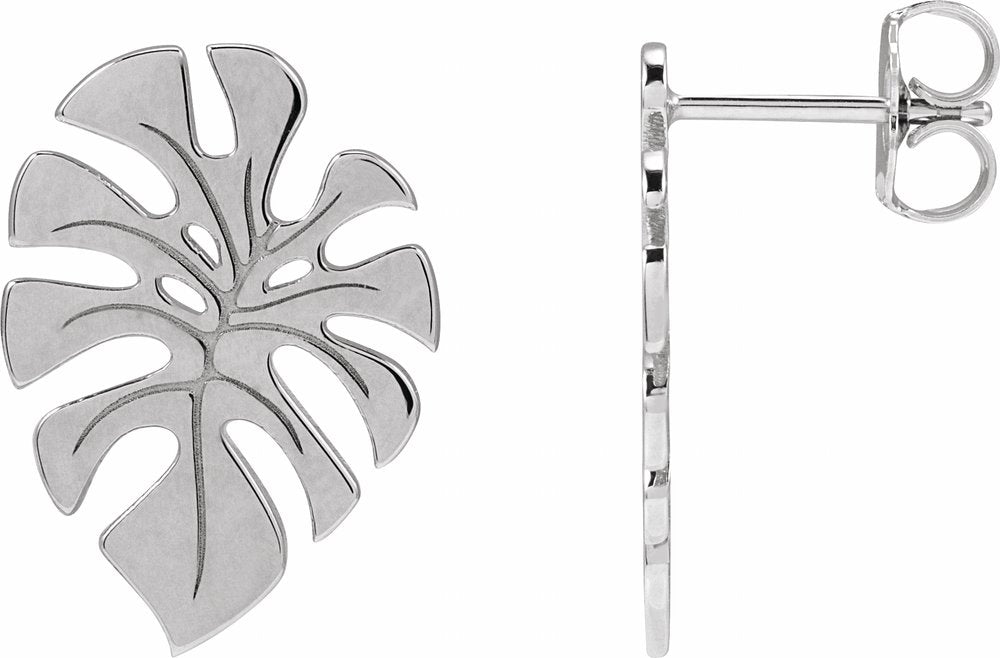 14K White Monstera Leaf Stud Earrings