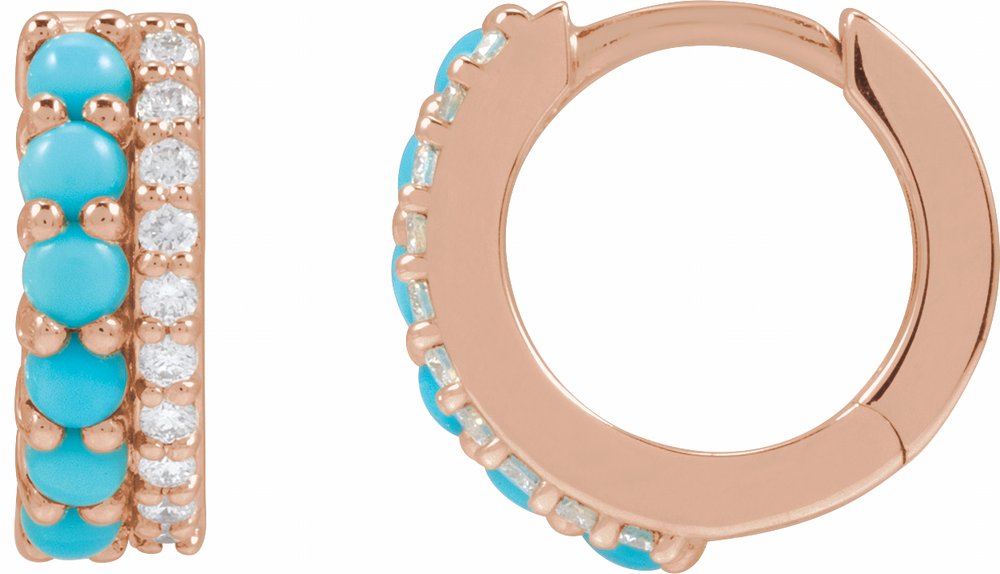 14K Rose Gold Natural Turquoise & 1/8 CTW Natural Diamond Huggie Hoop Earrings