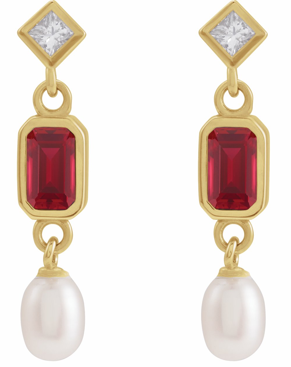 14K Yellow Gold Lab-Grown Ruby, Cultured White Akoya Pearl & .05 CTW Natural Diamond Earrings