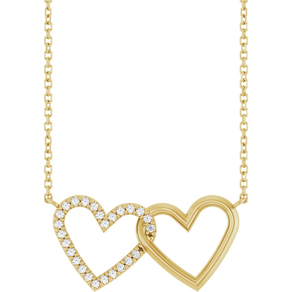 14K Yellow Gold 1/8 CTW Natural Diamond Petite Double Interlocking Heart 16-18" Necklace