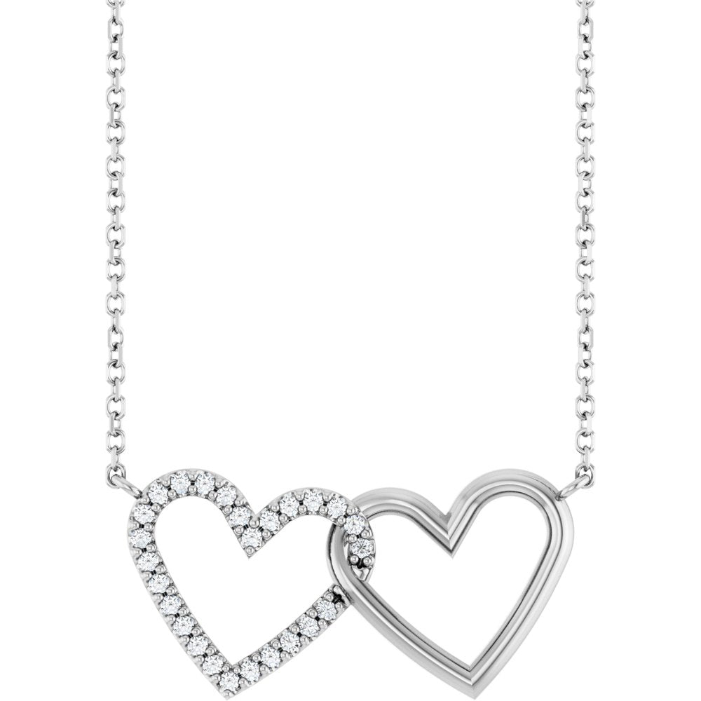 14K White Gold 1/8 CTW Natural Diamond Petite Double Interlocking Heart 16-18" Necklace