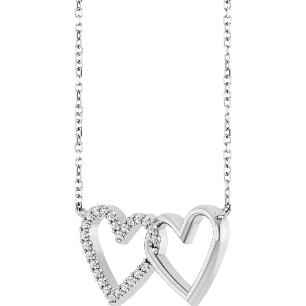 14K White Gold 1/8 CTW Natural Diamond Petite Double Interlocking Heart 16-18" Necklace