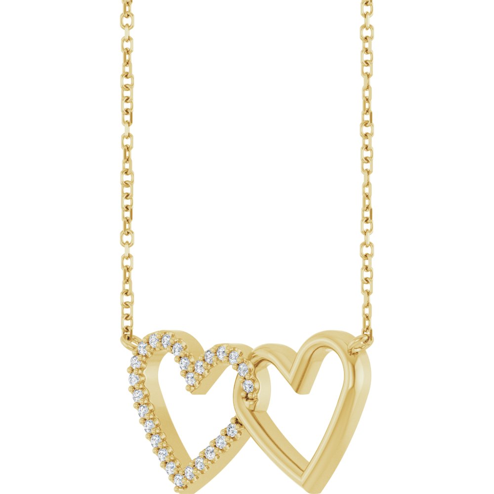 14K Yellow Gold 1/8 CTW Natural Diamond Petite Double Interlocking Heart 16-18" Necklace