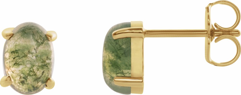 14K Yellow Gold 7x5 mm Oval Natural Moss Agate Earrings