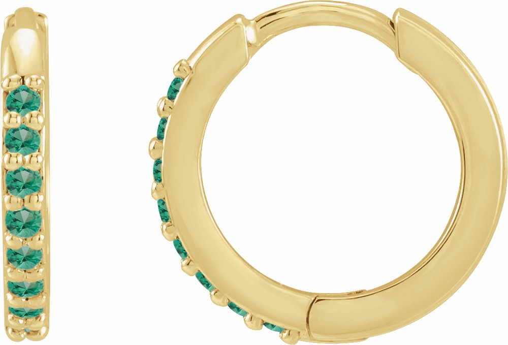 14K Yellow Gold Lab-Grown Emerald Hinged 12.5 mm Hoop Earrings
