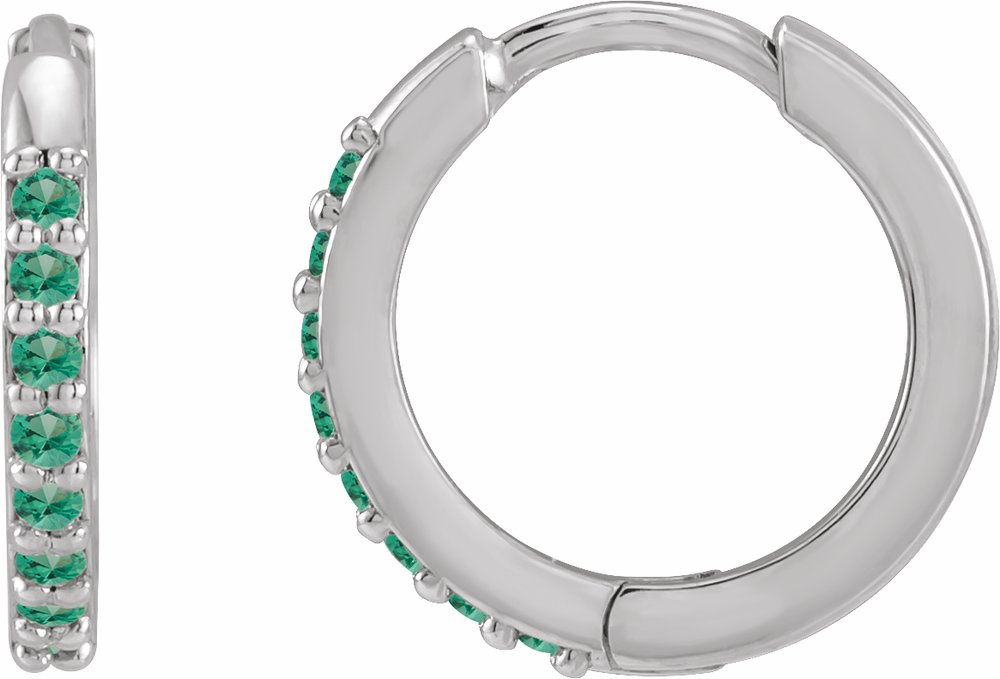 14K White Gold Lab-Grown Emerald Hinged 12.5 mm Hoop Earrings