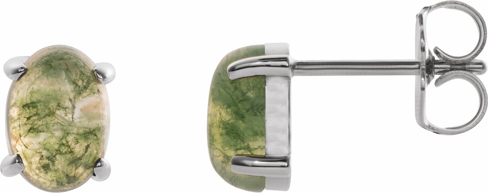14K White Gold 7x5 mm Oval Natural Moss Agate Earrings