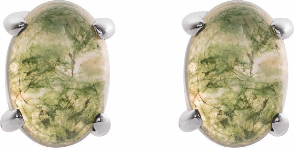 14K White Gold 7x5 mm Oval Natural Moss Agate Earrings