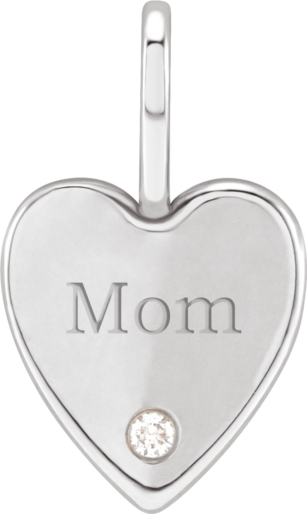 14K White Gold .02 CT Natural Diamond Engraved MOM Heart Charm/Pendant