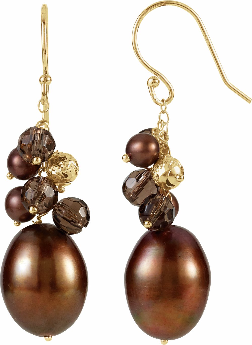 14K Yellow Gold Cultured Dyed Chocolate Freshwater Pearl & Natural Smoky Quartz Earrings