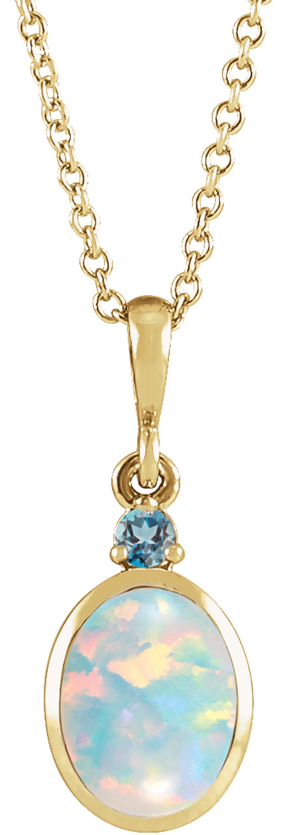 14K Yellow Gold 5x3 mm Lab-Grown White Opal & Natural London Blue Topaz 16-18" Necklace