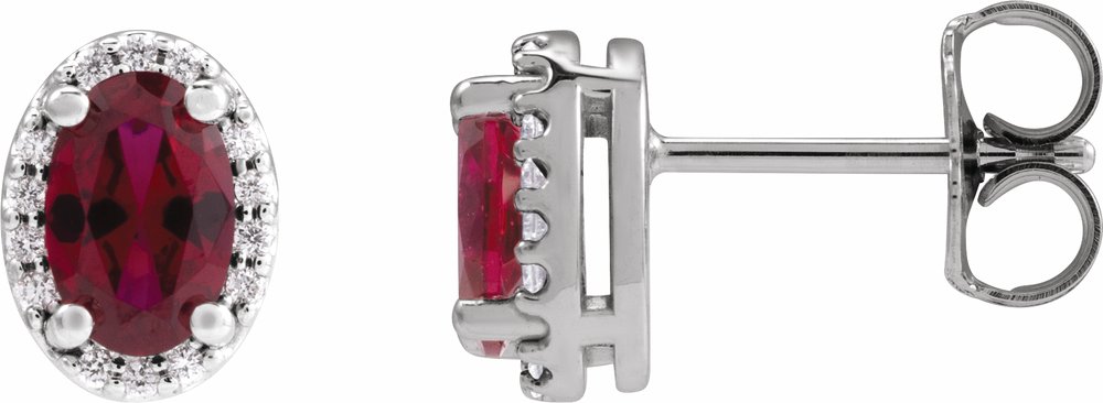 14K White 6x4 mm Lab-Grown Ruby & .06 CTW Natural Diamond Halo-Style Earrings