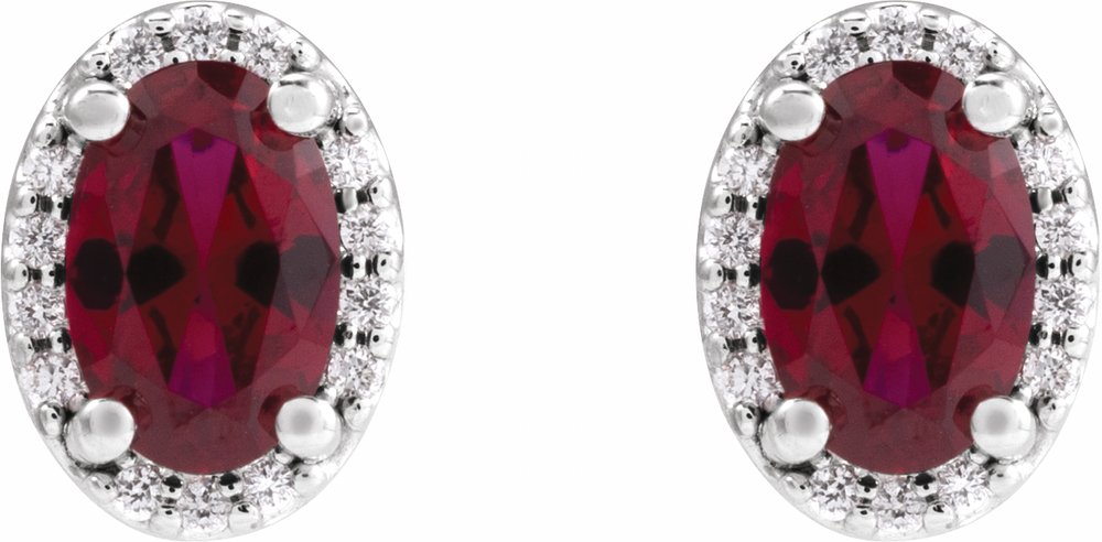 14K White 6x4 mm Lab-Grown Ruby & .06 CTW Natural Diamond Halo-Style Earrings