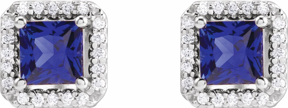 14K White Lab-Grown Blue Sapphire & .08 CTW Natural Diamond Halo-Style Earrings