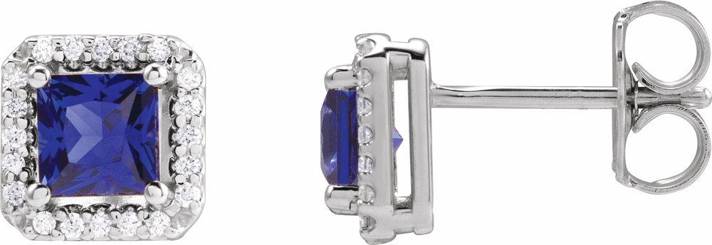 14K White Lab-Grown Blue Sapphire & .08 CTW Natural Diamond Halo-Style Earrings