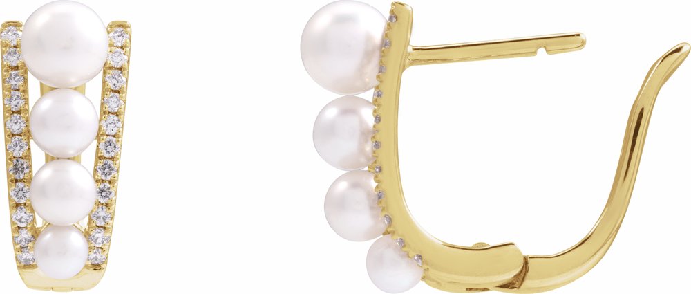14K Yellow Gold Cultured White Freshwater Pearl & 1/4 CTW Natural Diamond Hoop Earrings