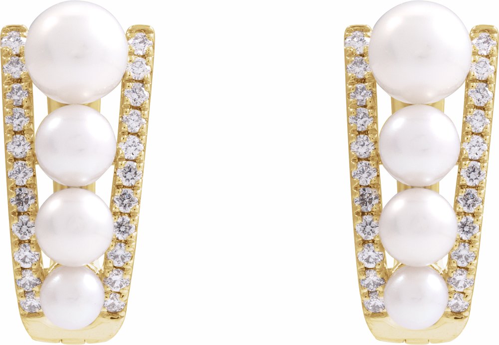 14K Yellow Gold Cultured White Freshwater Pearl & 1/4 CTW Natural Diamond Hoop Earrings