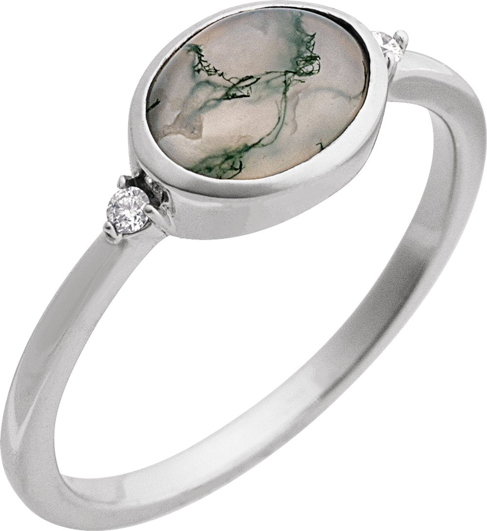 14K White Gold Natural Moss Agate & .03 CTW Natural Diamond Ring